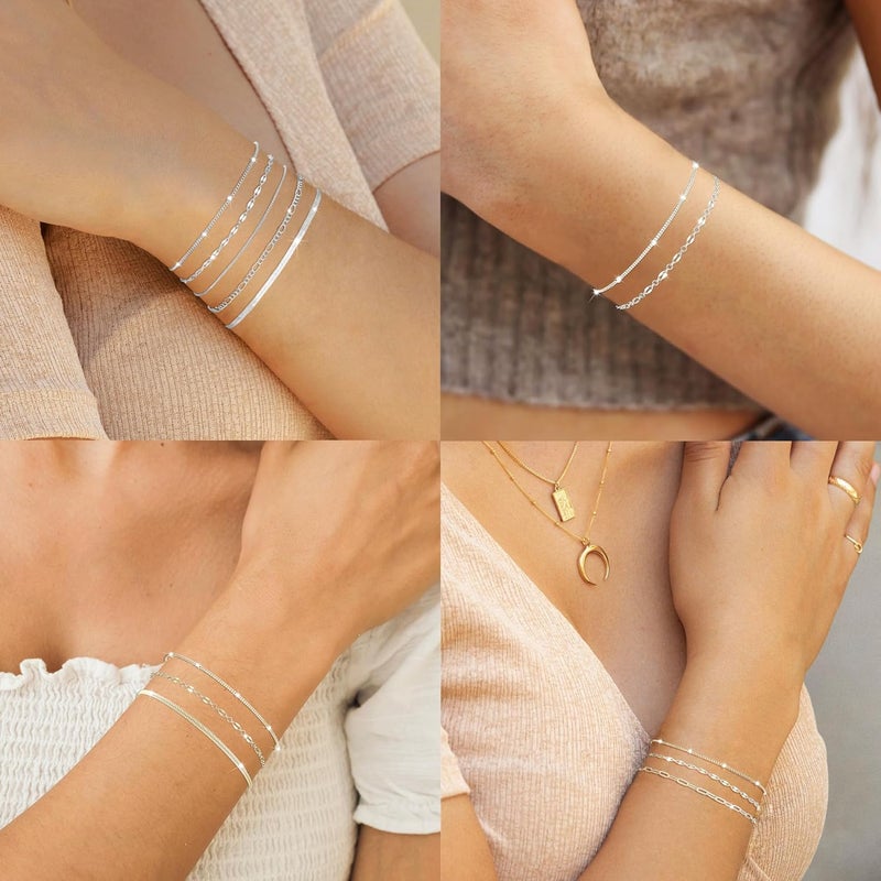 MBW Silver Plated Bracelets for Women, Dainty Silver Bracelets for Women Set Bracelet Stack Waterproof Jewelry for Women Trendy Minimalist Simple Small Thin Bracelet Set for Women Teen Gift - Image 4